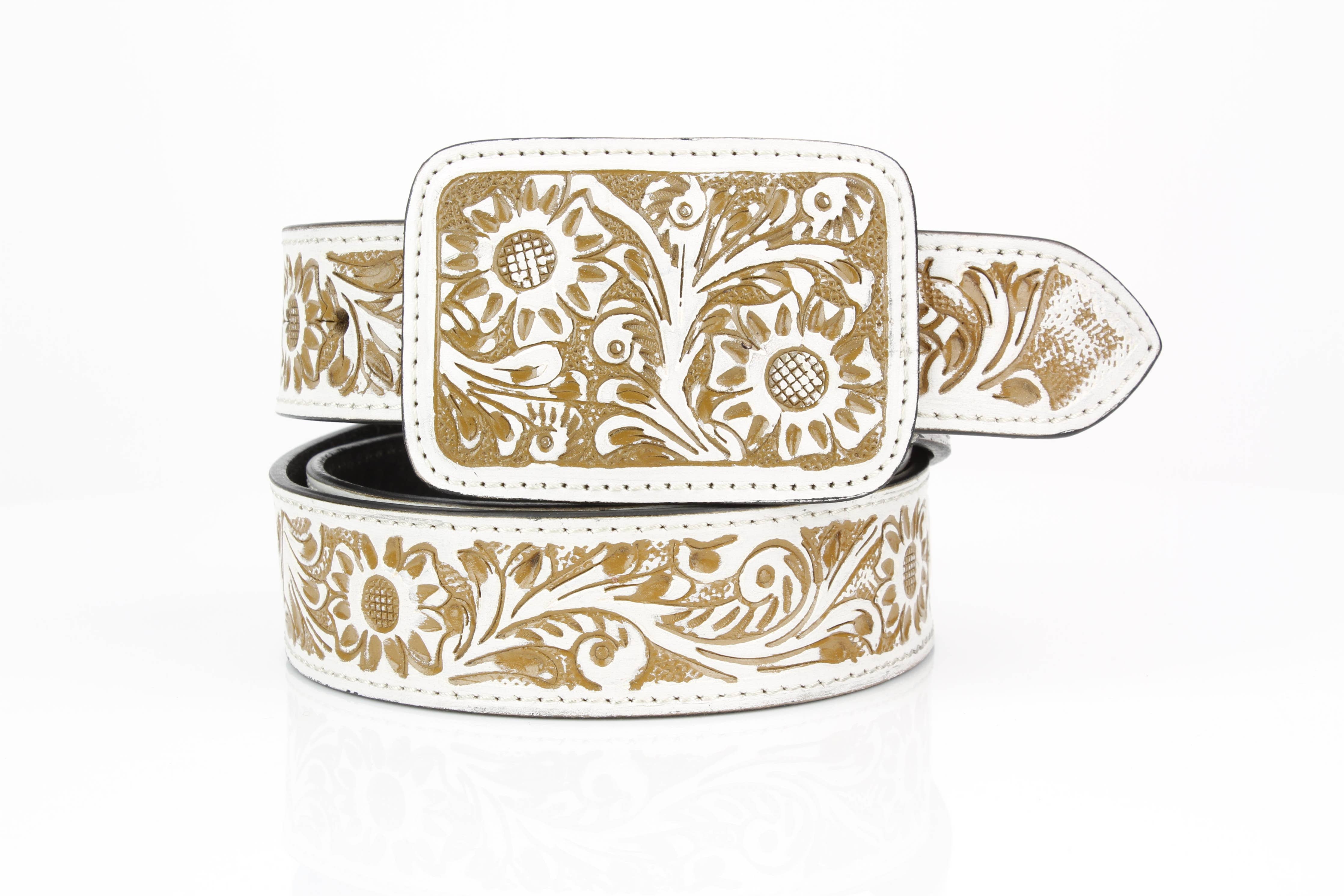 Western Tooled Leather Belt in White and Brown – Off The Beaten Path ...
