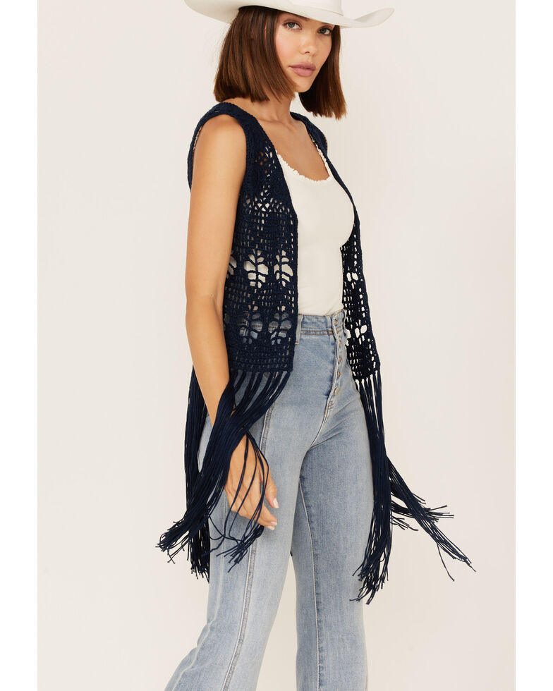 Black crochet outlet vest with fringe