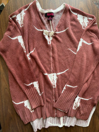 Women's Rock n' Roll Denim Sweater-Cow Skulls-Medium