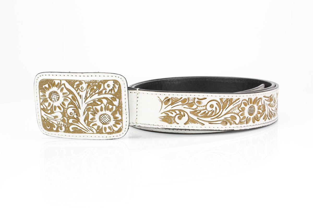 Western Tooled Leather Belt in White and Brown