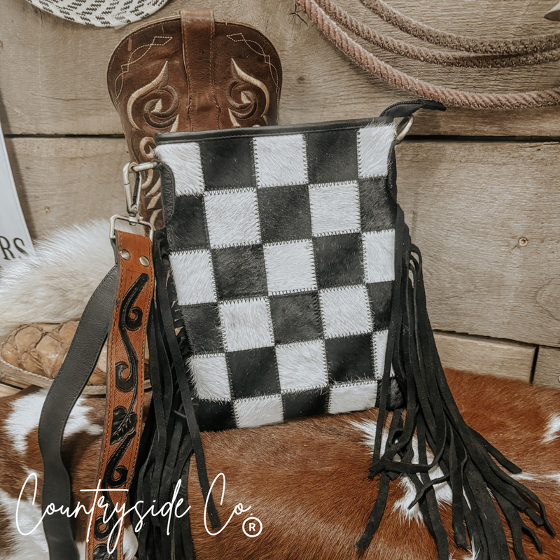 Texas Western Cowhide Bags and More - Stockyard Checkered Cowhide Fringe Purse, Black & White