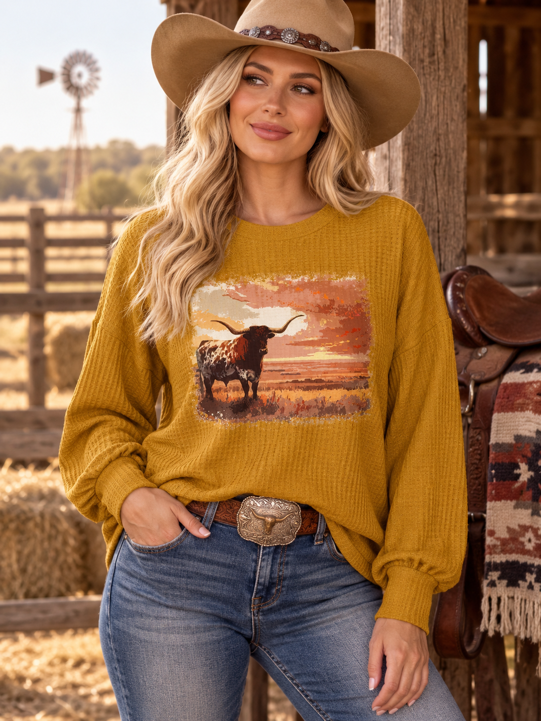 Avery - LONGHORN SUNSET GRAPHIC WAFFLE SWEATSHIRT