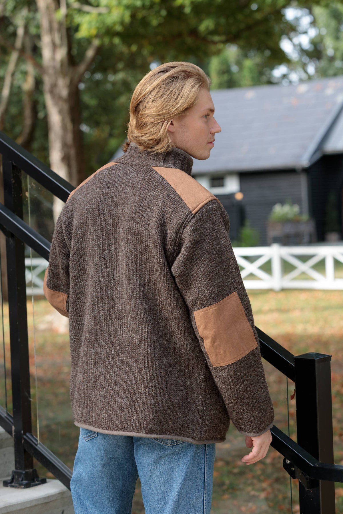 Lost Horizons Knitwear- Oxford Full-Zip Wool Sweater with Faux-Suede Trim