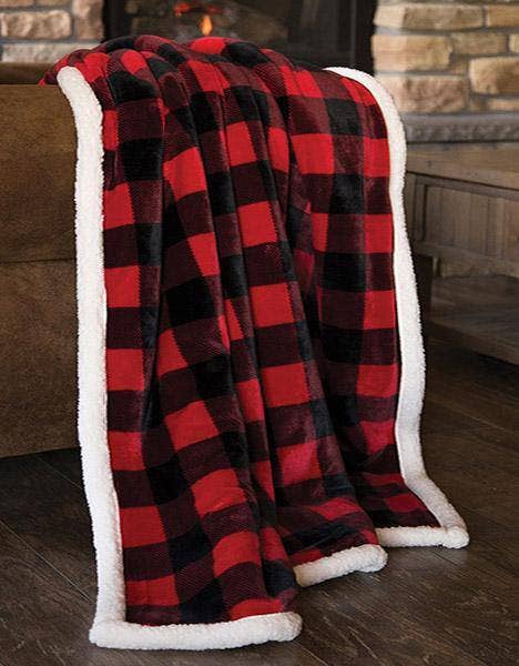 Linen Mart - Lumberjack Plaid Plush Fur Sherpa Borrego Fleece Throw Blanket