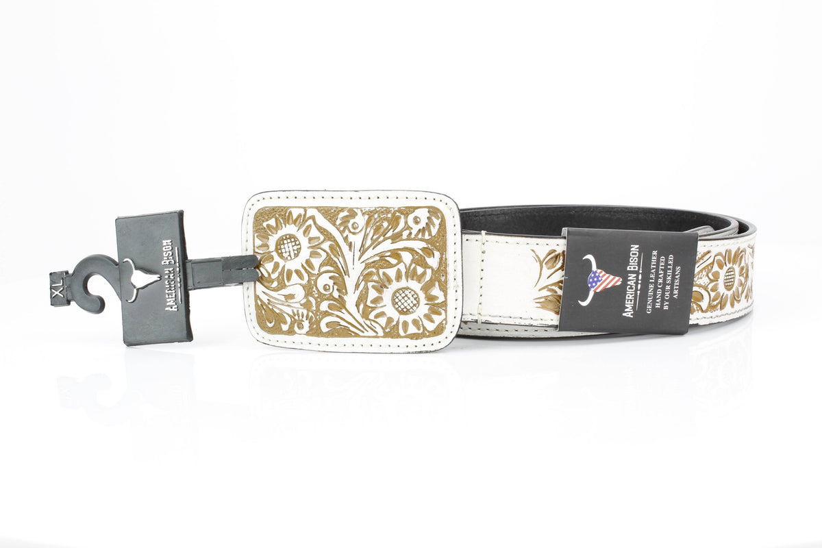 Western Tooled Leather Belt in White and Brown