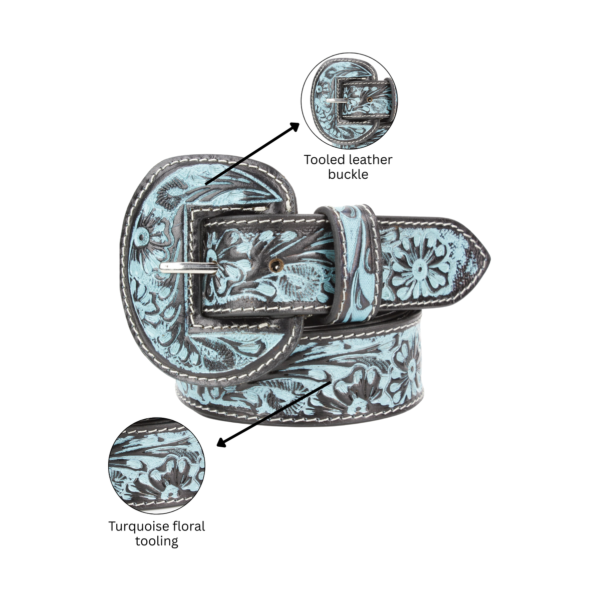 Tooled Leather Belt with Turquoise Floral