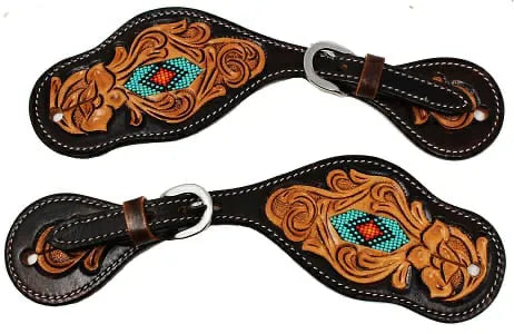 Spur Straps Leather Tooled with Beads and Stainless-Steel Buckle #29088