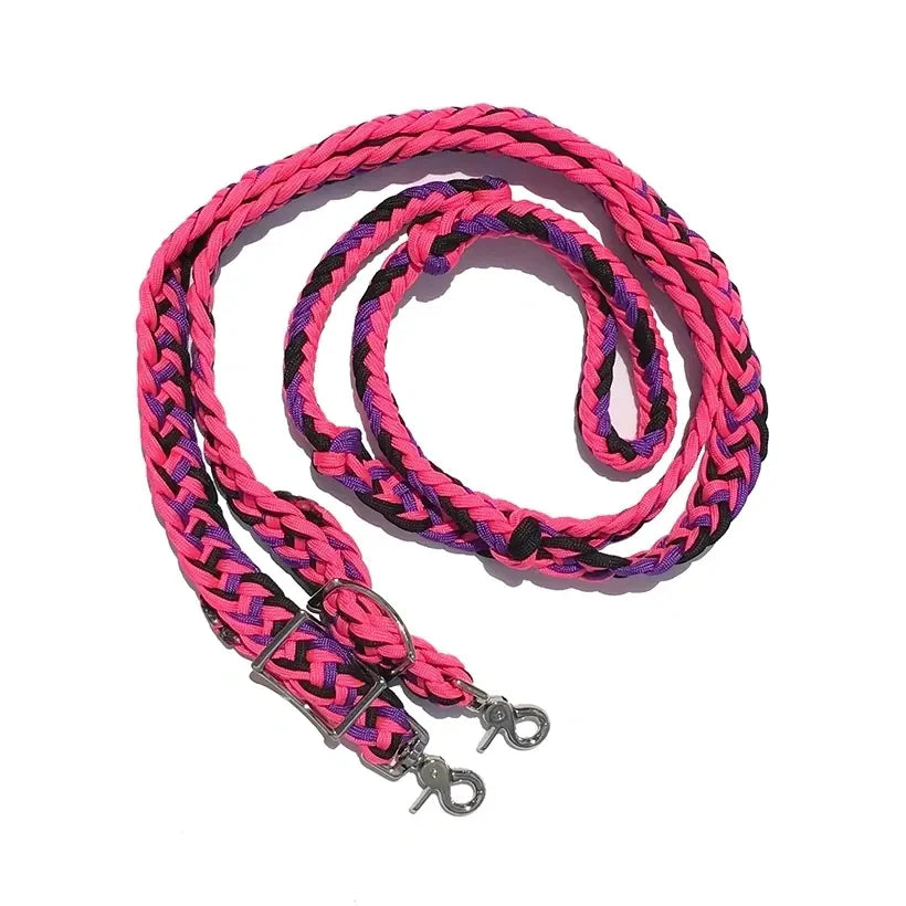 Braided Barrel / Roping Reins 8 ft, 2 Nickel Plated Scissor Snaps, Multi Tone Colors