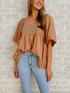 Flowy Top - Brown Square Neck Wide Sleeve