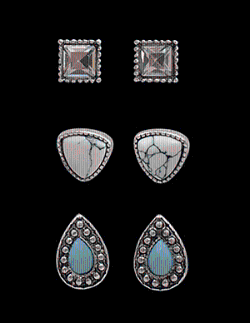 3 Pair Stud Earrings Square Crystal Triangle