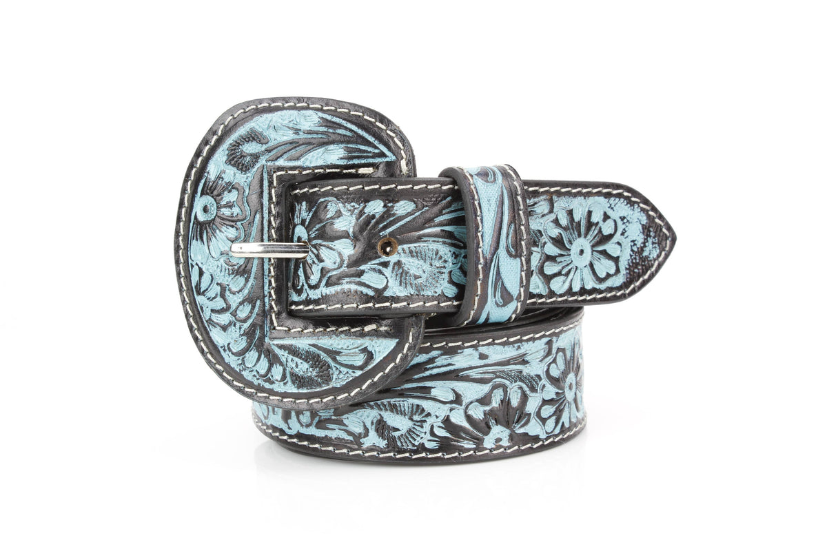 Tooled Leather Belt with Turquoise Floral