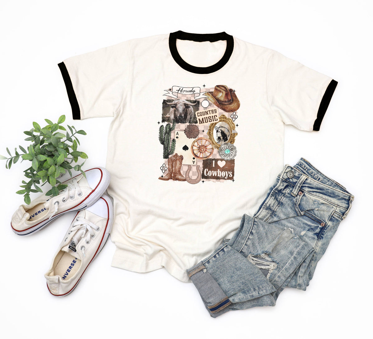 Rebel Rose - Western Cowgirl Collage Graphic Ringer Tee