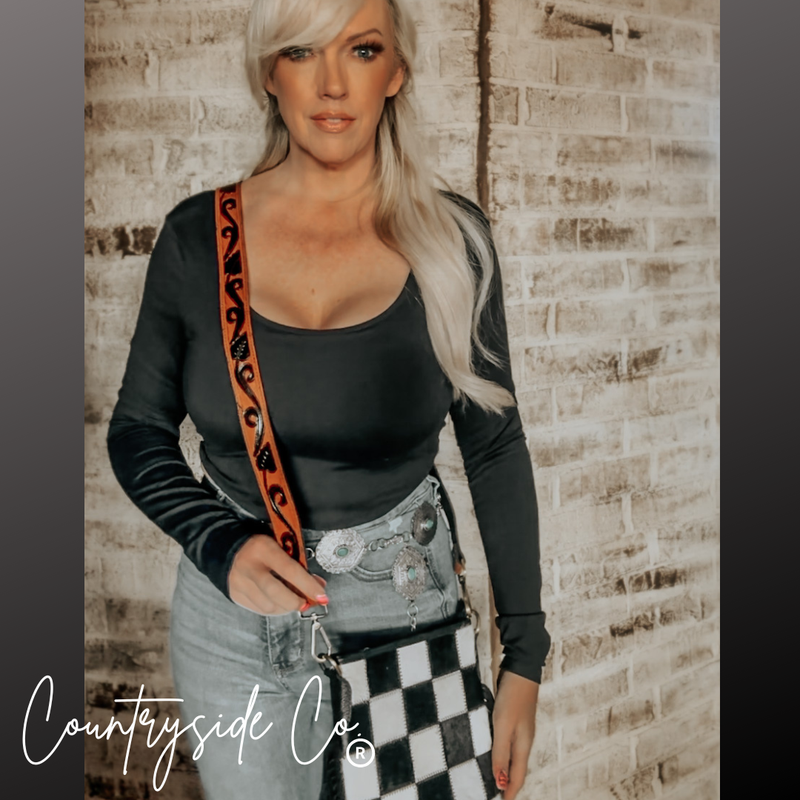 Texas Western Cowhide Bags and More - Stockyard Checkered Cowhide Fringe Purse, Black & White