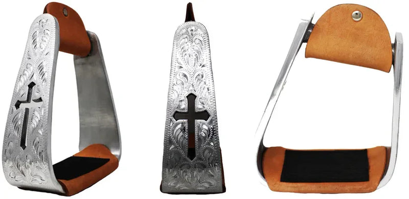 Stirrups Western Aluminum Cross Engraved Saddle Rhinestones #50117