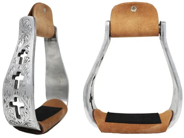 Western Show Stirrups Aluminum Leather Tread Cross Engraved #50124