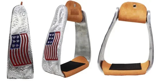 Western 5" Patriotic American Flag Engraved Aluminum Angled Show Stirrups #50126