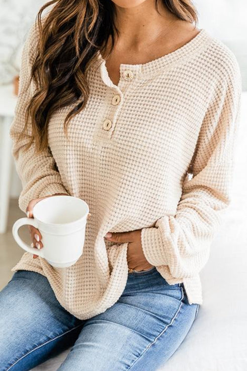 Waffle Knitted Pullover Round Neck Long Sleeve