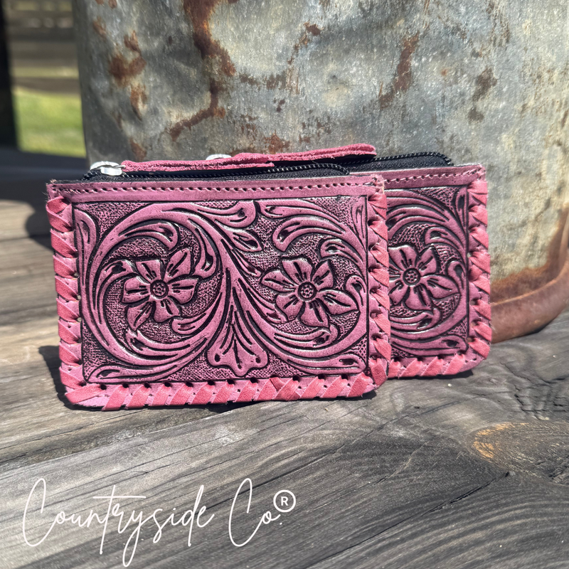 Texas Western Cowhide Bags and More - Tooled Leather Pouch, Bag Organizer,Turquoise, Pink or Brown