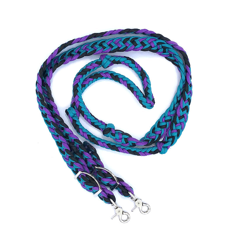 Braided Barrel / Roping Reins 8 ft, 2 Nickel Plated Scissor Snaps, Multi Tone Colors