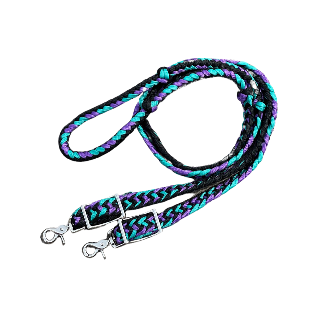 Braided Barrel / Roping Reins 8 ft, 2 Nickel Plated Scissor Snaps, Multi Tone Colors