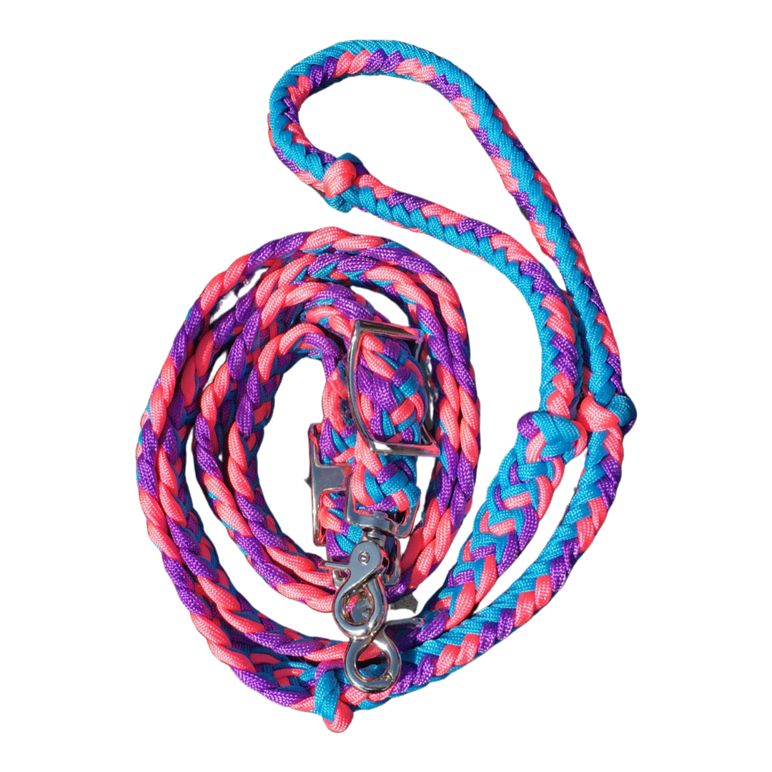 Braided Barrel / Roping Reins 8 ft, 2 Nickel Plated Scissor Snaps, Multi Tone Colors
