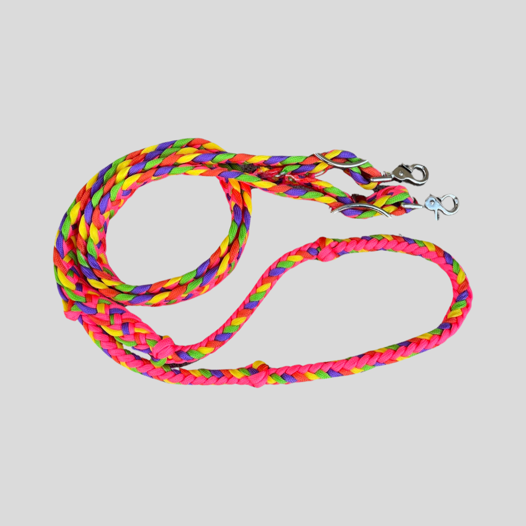 Braided Barrel / Roping Reins 8 ft, 2 Nickel Plated Scissor Snaps, Multi Tone Colors