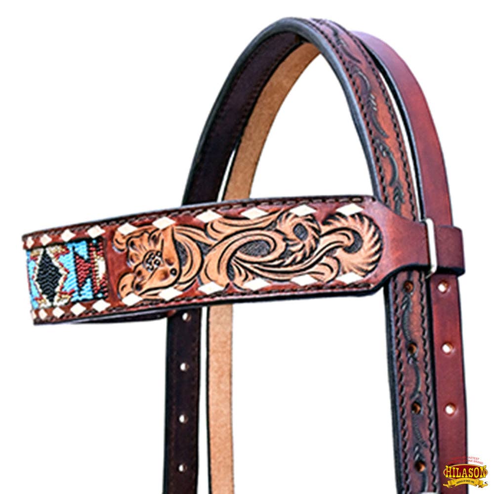 HILASON - Hilason Horse Floral Hand Carved American Leather Breast Collar Headstall W/ Beaded Work Brown