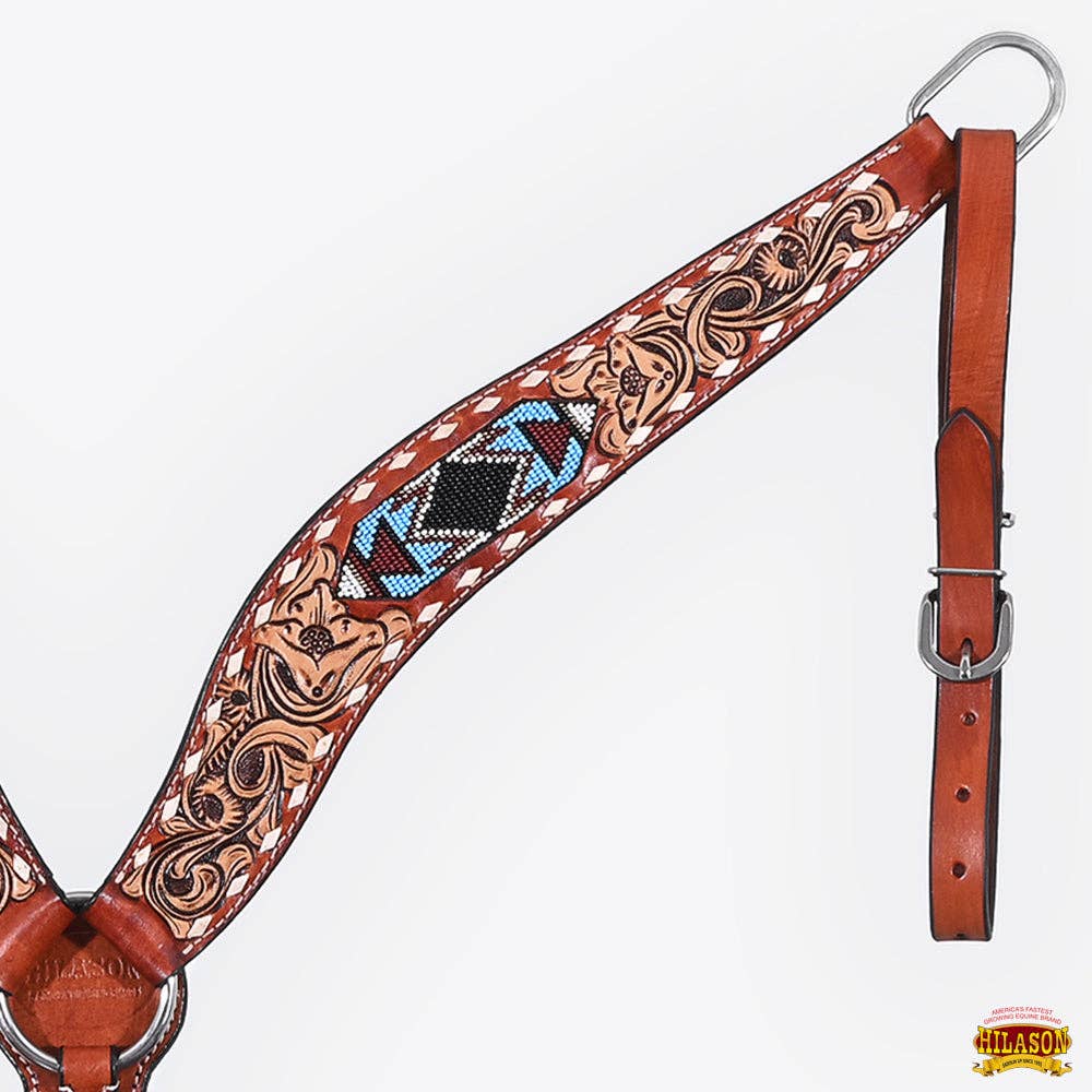 HILASON - Hilason Horse Floral Hand Carved American Leather Breast Collar Headstall W/ Beaded Work Brown