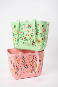 American Farm Company - Pink Chickens & Blooms Rubber Beach Tote Bag -  Large