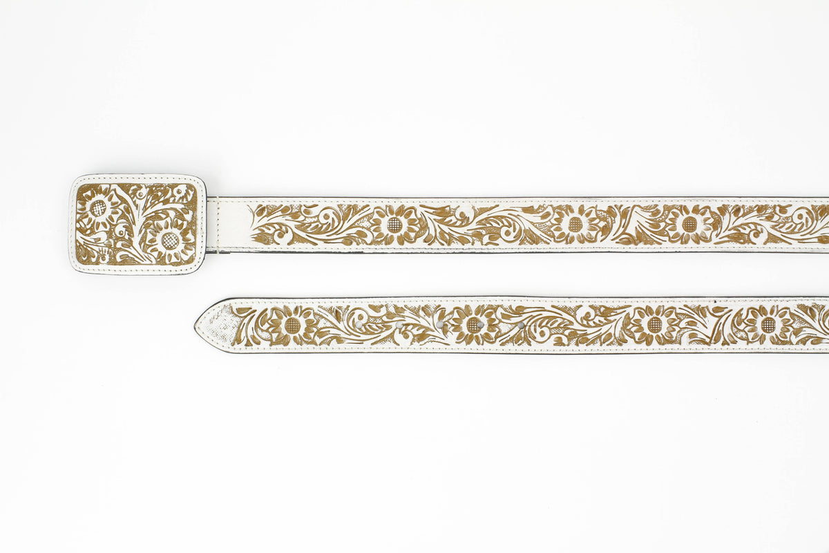 Western Tooled Leather Belt in White and Brown