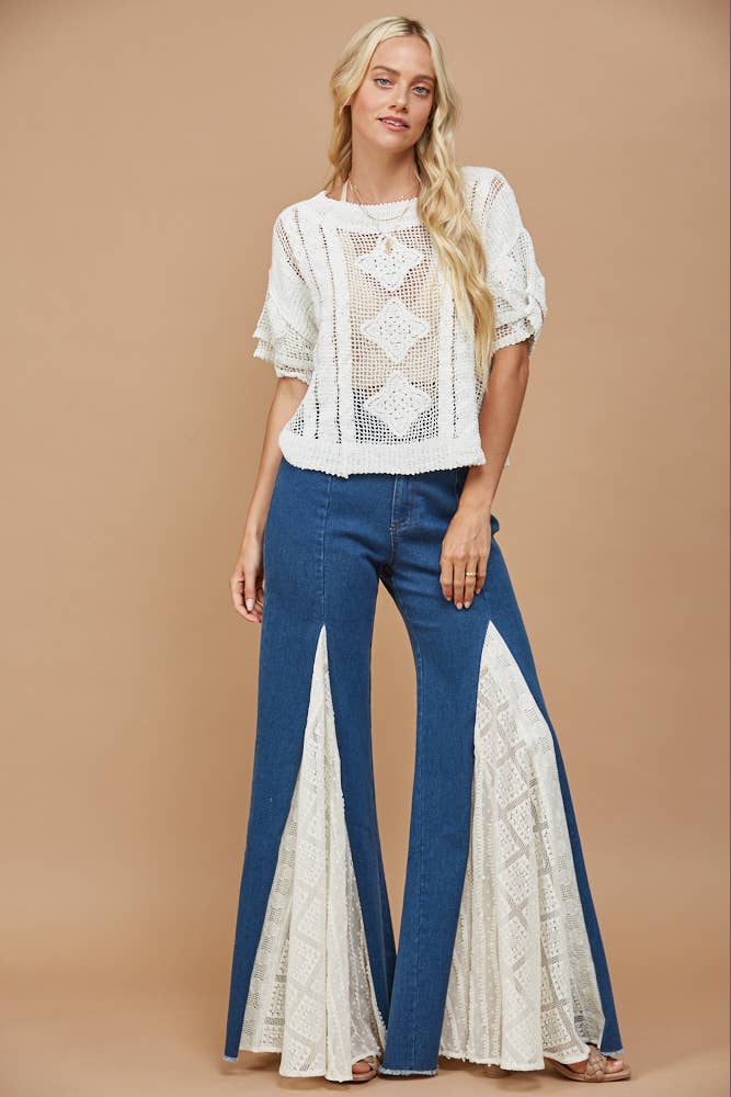 WISTERIA LANE - LACE DETAIL WIDE LEG JEANS 2481PIB MID DENIM