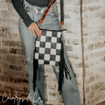 Texas Western Cowhide Bags and More - Stockyard Checkered Cowhide Fringe Purse, Black & White