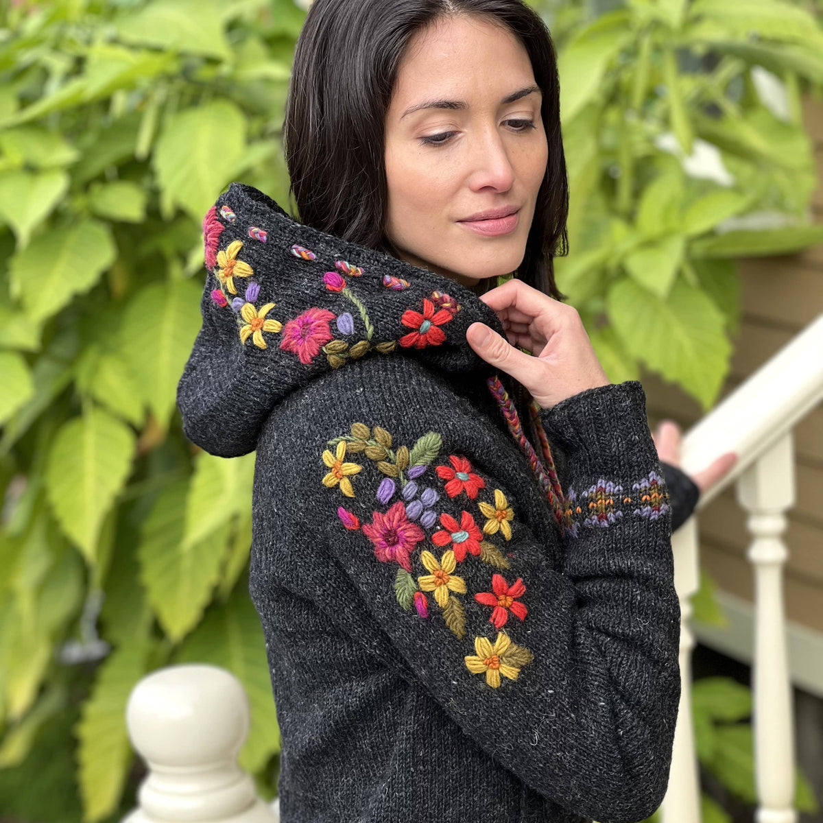 Lost Horizons Knitwear -Wildflower Wool Zip Hoodie Sweater – Embroidered
