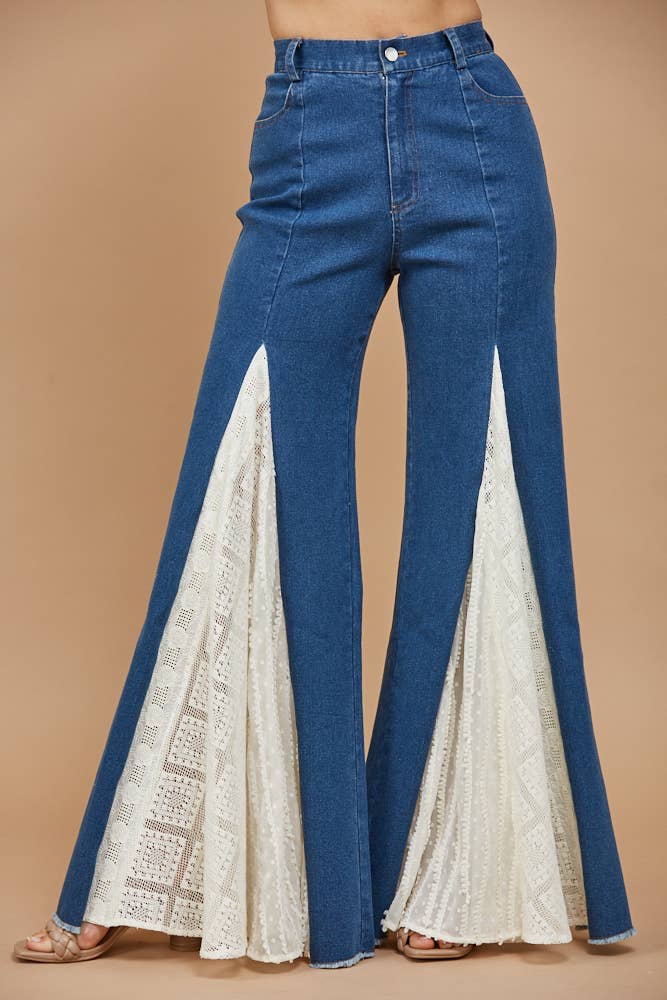 WISTERIA LANE - LACE DETAIL WIDE LEG JEANS 2481PIB MID DENIM