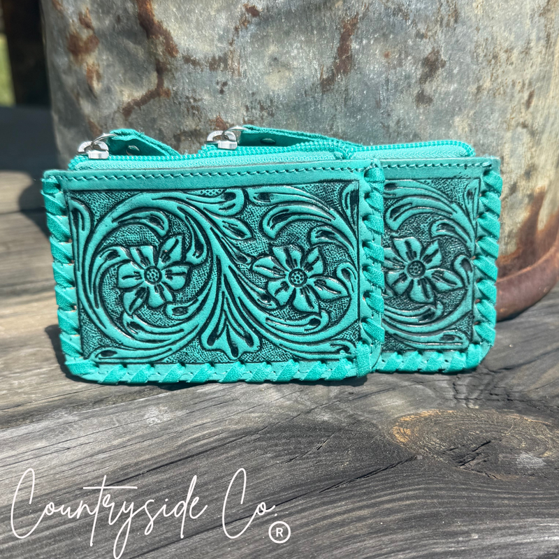 Texas Western Cowhide Bags and More - Tooled Leather Pouch, Bag Organizer,Turquoise, Pink or Brown