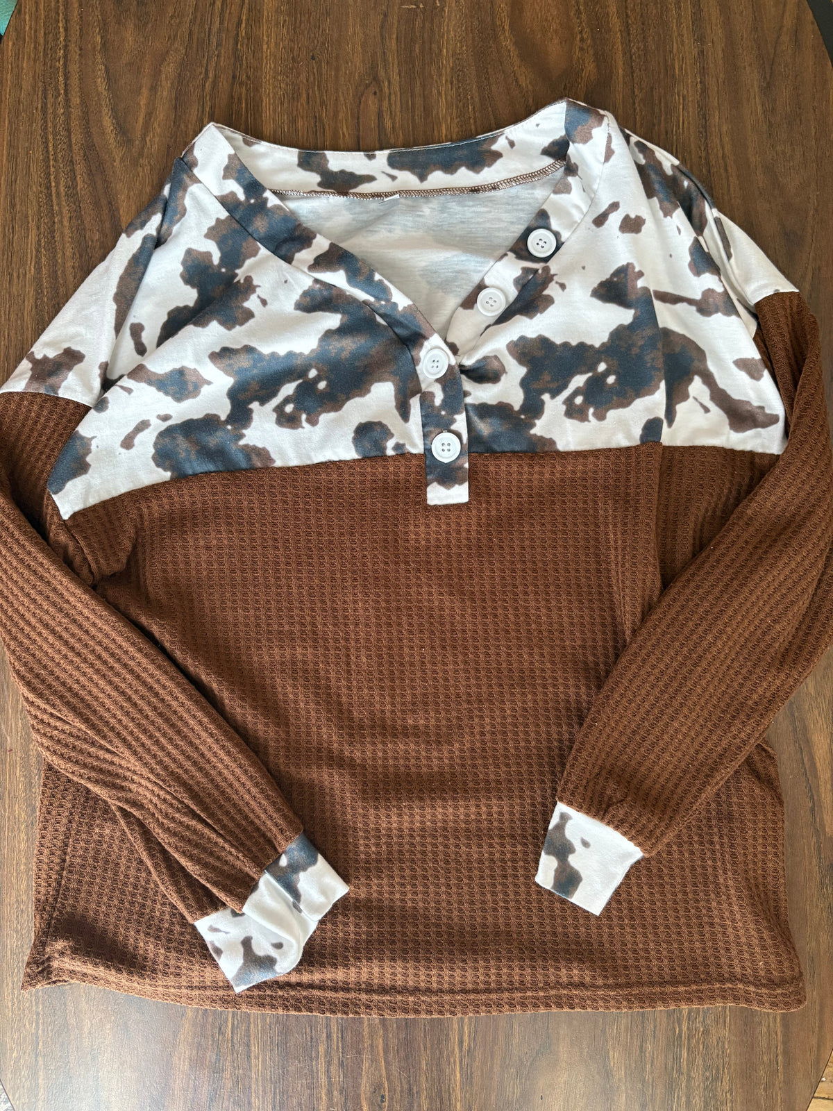 Women's Long Sleeve Brown Cow Print Top
