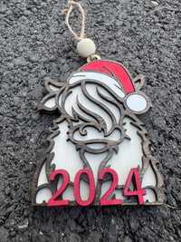 Dark Horse Dream Designs LLC - 2024 Highland Cow - Farm Animal - Wooden Christmas Ornament