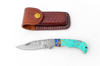 Titan International - Damascus steel pocket knife Limited Run Turquoise Resin TF-059