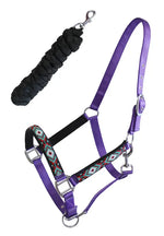 Nylon Horse Beaded Halter Nickel Plated Hardware, 8 Foot Lead Rope, Purple #91013