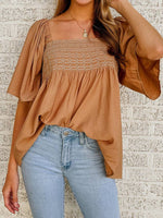 Flowy Top - Brown Square Neck Wide Sleeve