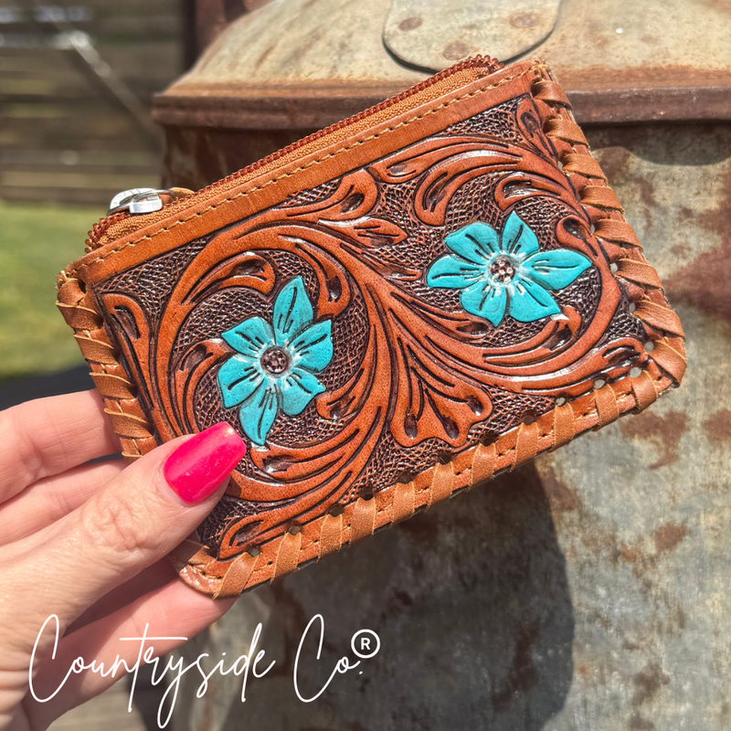 Texas Western Cowhide Bags and More - Tooled Leather Pouch, Bag Organizer,Turquoise, Pink or Brown