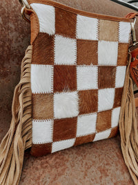 Texas Western Cowhide Bags and More - Stockdale Checkered Cowhide Fringe Purse, Brown & White
