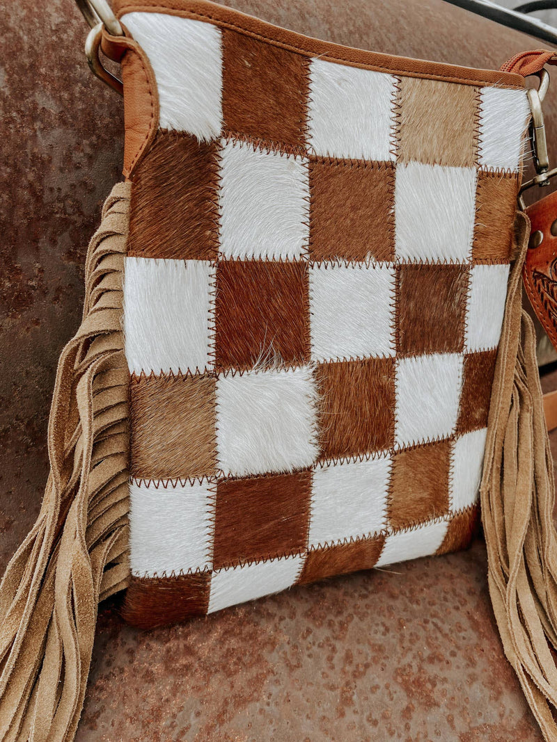 Texas Western Cowhide Bags and More - Stockdale Checkered Cowhide Fringe Purse, Brown & White