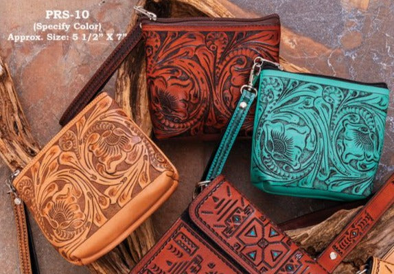 Leather Purse Wristlet Carved w/zipper