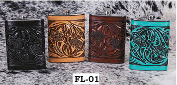 L Flask Leather Floral Pattern 8 oz