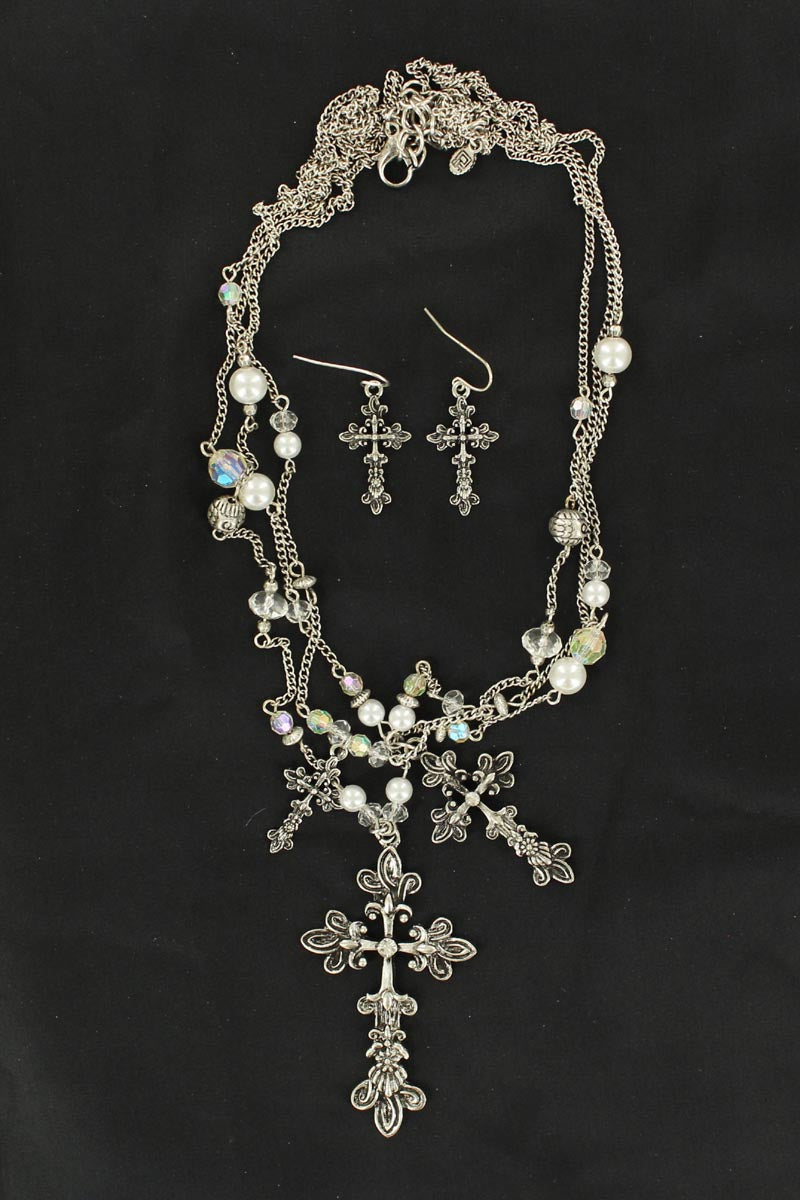 Blazin Roxx Long Necklace Set Silver Cross Multi Chain