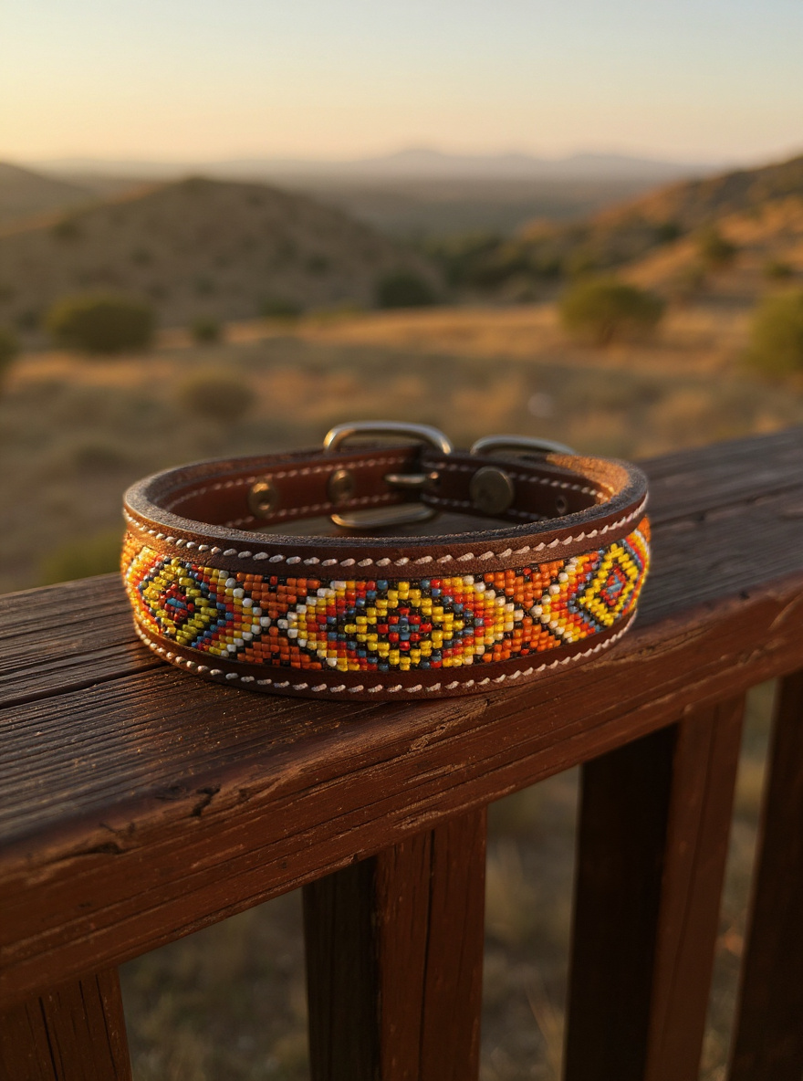 Epic Padded Leather Dog Collar with Beaded Design E