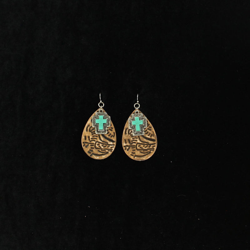 Genuine Leather Earrings Turquoise Cross Charm