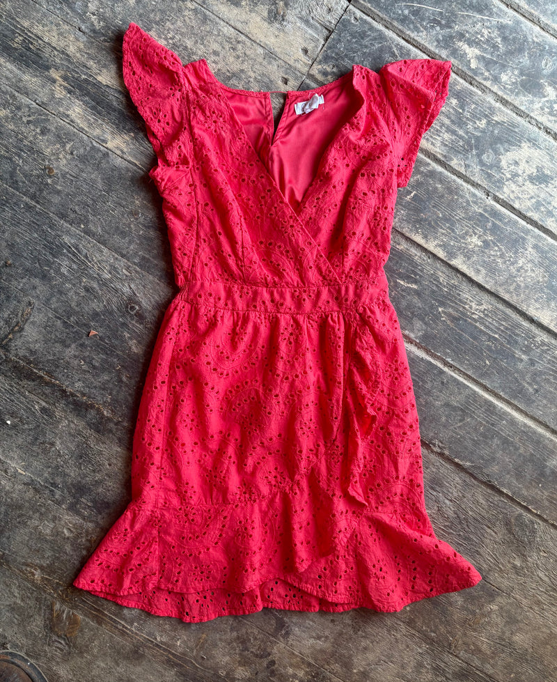 Japna Watermelon Eyelet Lace Faux Wrap Dress - Woman's M