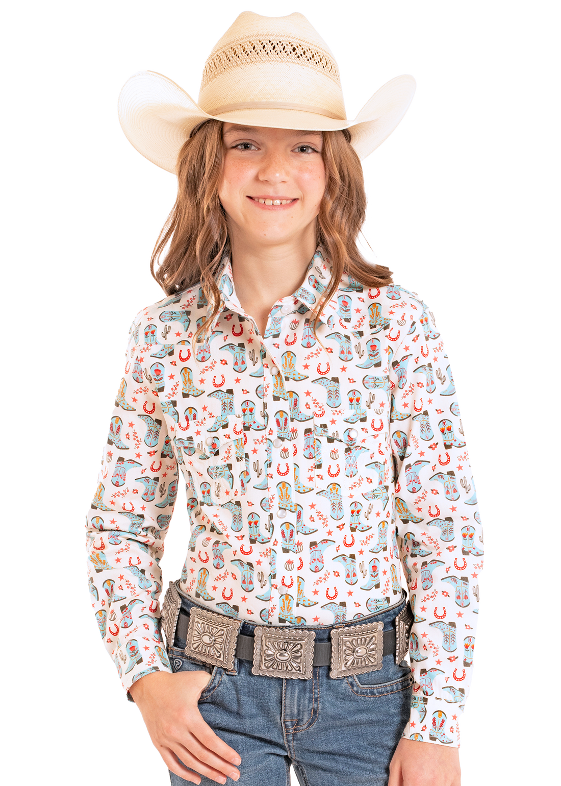 WL Girls Long Sleeve print snap shirt